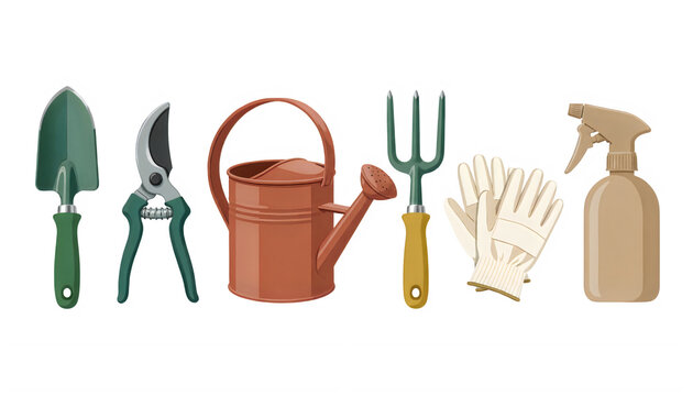 Set of gardening tools with watering can and plants vector icons isolated on transparent background