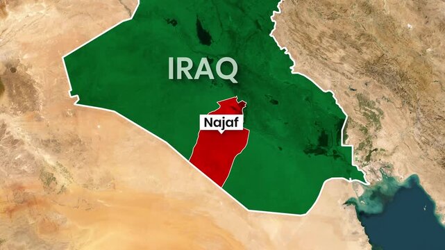 Animated map highlighting the Najaf region within Iraq motion graphics clip
