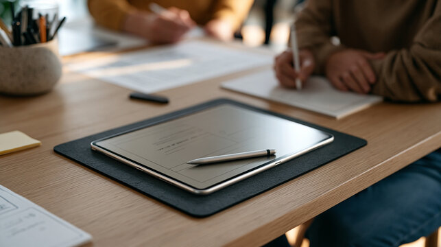 A single usability testing mouse pad and stylus resting in a vibrant colorful innovation market booth, bold close up detail of a touchscreen prototype at rest, ergonomic design