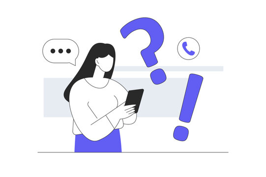 Online Customer Support Center and User Helpdesk Question. Female Character Using Smartphone near Question Mark and Call Notification. Flat Cartoon Vector Illustration, icon Stylish abstract design 