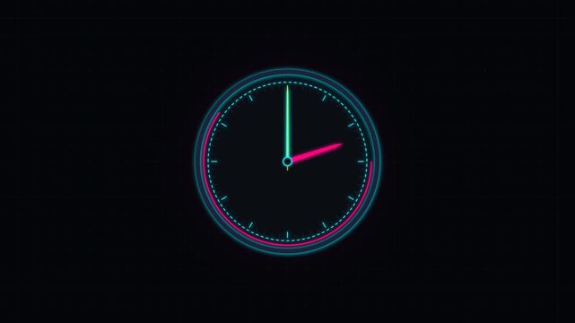 Glowing neon clock face animation showing time progression with vibrant blue and pink digital light lines in dark motion footage