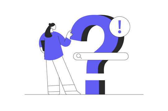 Strategic Problem Solving Search and Finding Business Solutions. Female Specialist Pointing at Question Mark with Search Bar and Exclamation Sign. Flat Cartoon Vector Illustration, icon Stylish web