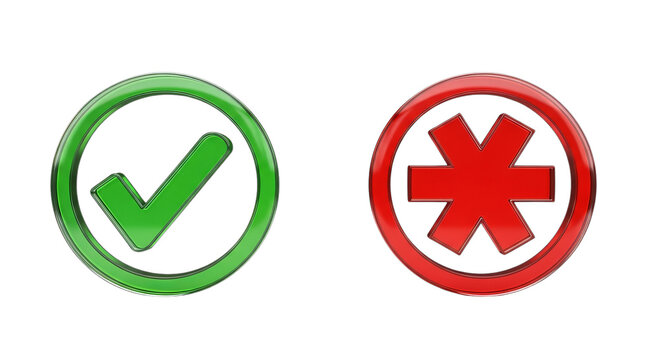 Shiny green check mark and red asterisk symbol on white