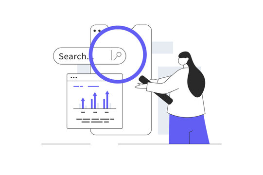 Digital Search Engine Analytics and Web Traffic Data Optimization. Female Specialist Browsing Online Search Engine Bar and Analytics Dashboard. Flat Cartoon Vector Illustration, icon Stylish abstract 