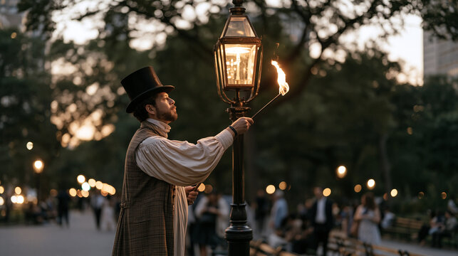 Lamplighter in a wide outdoor park avenue at dusk, traditionally dressed and carrying a long pole igniting ornate iron lamp posts in sequence, a wide establishing shot capturing