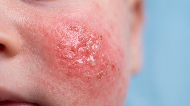 Close up of herpes simplex vesicular rash and fluid blisters on cheek skin