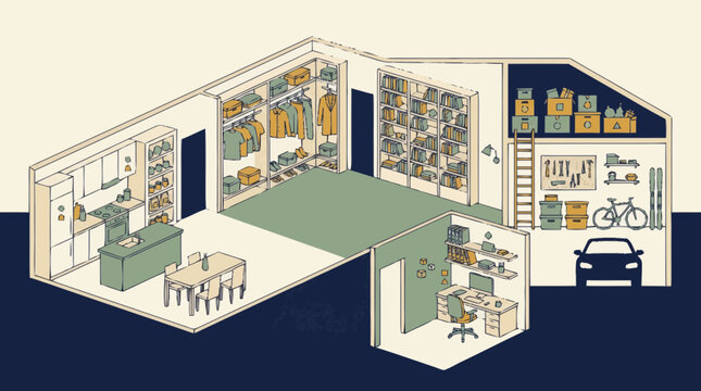 Isometric modern house floor plan showing organized living spaces