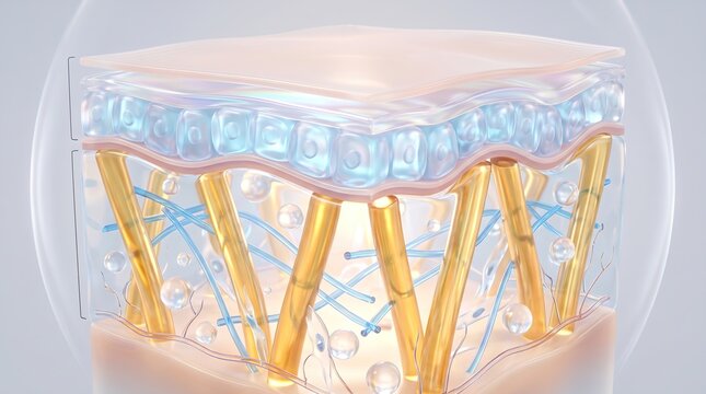 3D Scientific Illustration of Healthy Skin Layer Structure with Collagen Fibers and Elastin