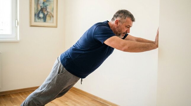 mature caucasian man in blue tshirt, performing wall pushups at home, fitness exercise for seniors, healthy lifestyle, indoor domestic setting