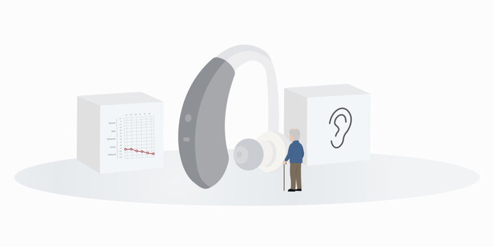 Hearing loss concept with hearing aid, audiogram and senior patient on white background hearing impairment illustration