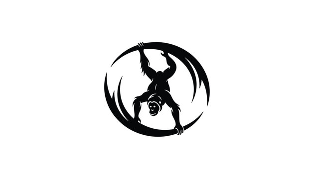 Abstract circular silhouette logo of a monkey hanging on a curved branch, representing wildlife, nature, and animal branding.