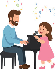 Fototapeta premium Father playing piano while his little daughter sings with microphone vector illustration