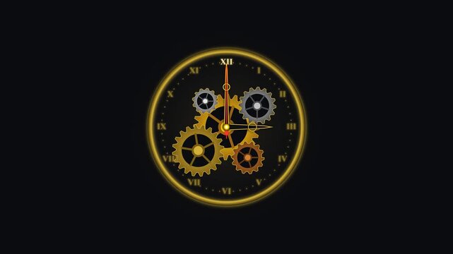 Golden clock face with rotating mechanical gears and ticking hands showing passing time in this seamless digital motion loop animation
