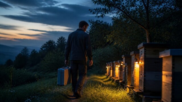 Moody twilight scene over a quiet rural road, illuminated by warm glowing lanterns, perfect for cinematic storytelling or atmospheric branding, evokes tranquility and mystery