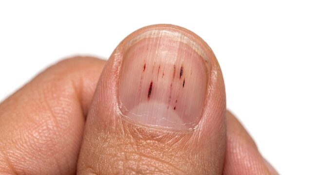 Extreme close up of splinter hemorrhages vertical dark red lines under fingernail