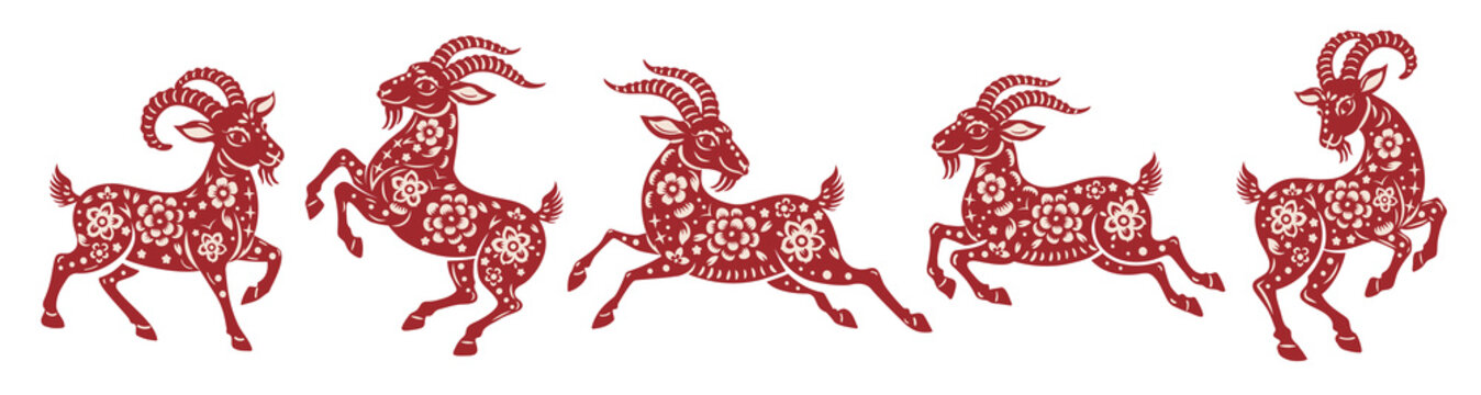 2027 Chinese Zodiac Goat Set, Traditional Red Paper Cut Goats with Floral Patterns, Running and Jumping Folk Art for Lunar New Year