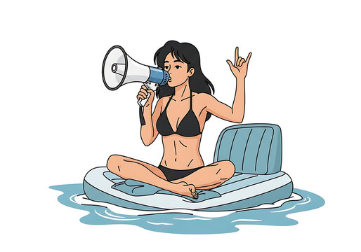 Woman using megaphone on inflatable pool float