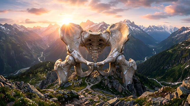 Human pelvis bone on mountain peak representing osteoporosis