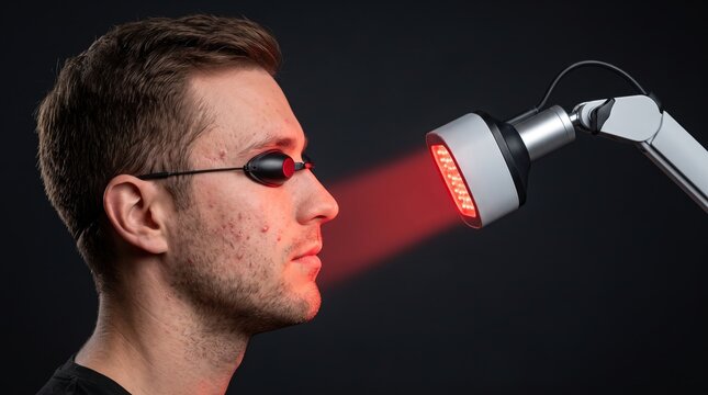 Young man with acne wearing safety goggles receiving red light phototherapy