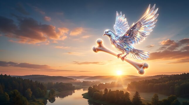 Crystal bird carrying bone over sunset landscape for osteoporosis