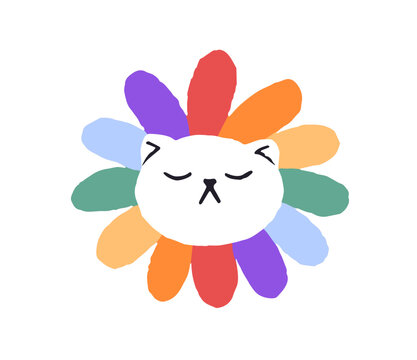 Cute portrait of cat with rainbow flower. Funny kitty with colourful petals with pride flag. Sticker with amusing animal. Symbol of queer love and LGBT. Flat isolated vector illustration on white