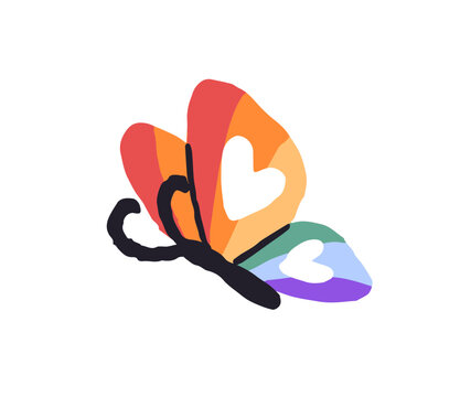 Cute rainbow butterfly. Funny insect with wings decorated with hearts and pride flag colors. Colourful symbol of queer love and LGBT community. Flat isolated vector illustration on white background