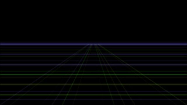 A retro perspective grid floor extending toward the horizon in looping neon blue and green lines.