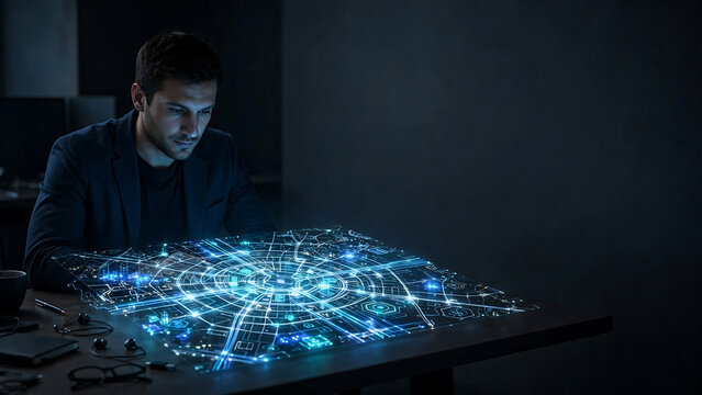 Businessman analyzing futuristic glowing holographic digital data map on table
