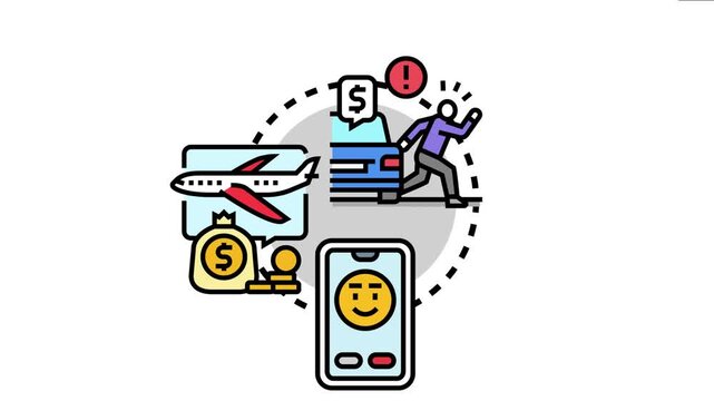 Travel information bias affecting decision making, with a person reacting to misleading costs, an airplane, money, and a positive phone review influencing choices and expectations