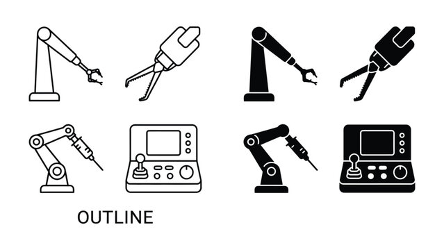 Robotic Arm Icons: A collection of outline and filled icons representing industrial robotic arms with grippers and control panels, symbolizing automation and advanced manufacturing.