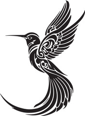 Obraz premium Stylized black‑and‑white tribal illustration of a hummingbird in flight — symbolizing energy, freedom, and grace through intricate ornamental patterns and flowing symmetry