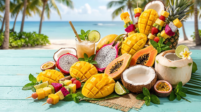 Fresh tropical fruit platter with mango and dragon fruit on a sunny beach table
