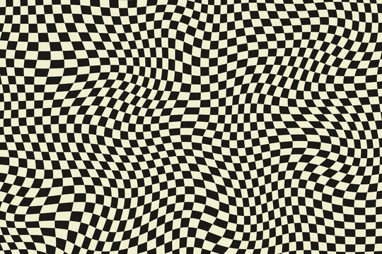 wavy checkered background, retro black and white checkerboard pattern, distorted optical illusion, 60s and 70s psychedelic backdrop, textured wallpaper