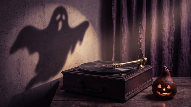 Spooky ghost shadow on wall with vintage record player, Halloween pumpkin and haunted gramophone, eerie retro music atmosphere