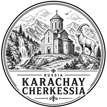 Karachay Cherkessia Russia emblem with church, mountains, waterfall and ibex