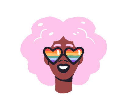 Portrait of queer girl with rainbow sunglasses with hearts shape. Black woman with sun glasses with pride flag. Solidarity with LGBT and LGBTQ community. Flat isolated vector illustration on white