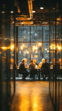 People sitting at a table in a room with a large window