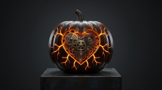 Steampunk Halloween pumpkin with glowing heart gears, mechanical jack-o-lantern on dark pedestal, industrial clockwork holiday decor