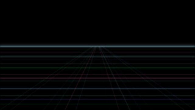 Neon grid lines extend toward a dark vanishing point in a retro looping animation.