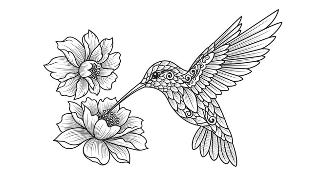 Hummingbird and Flowers Zentangle Art Drawing