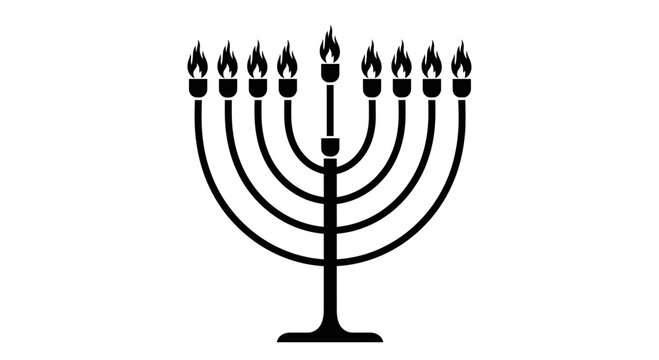 Black Silhouette of a Lit Menorah Candelabra Isolated on White
