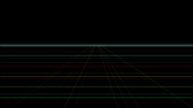 Neon grid lines converge into the distance on a black background for a retro looping animation
