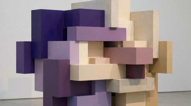 Abstract 3D geometric composition of purple and beige blocks.