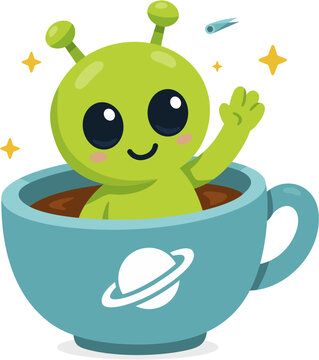 Cute little green alien peeking out of a big coffee cup with space rings
