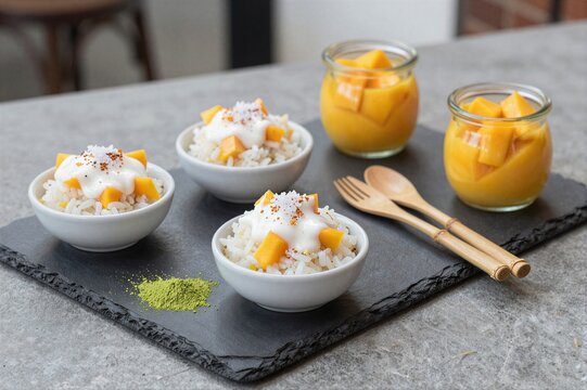 Mango pieces served over coconut rice on slate board