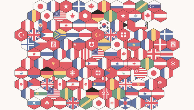 Graphic mosaic collection of world flags arranged in a geometric hexagonal pattern featuring various countries and global emblems.
