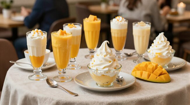 Assorted mango desserts and drinks displayed on table