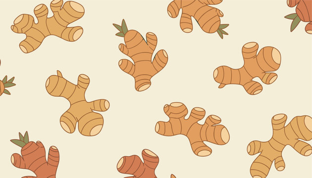 Pattern of ginger roots on a light background representing culinary ingredients and natural medicinal plant elements.