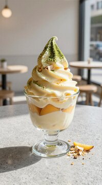 Soft serve swirl topped with matcha and mango in cafe