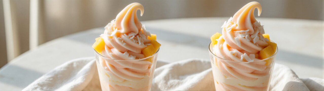 Two mango soft serve cups placed on cloth covered table